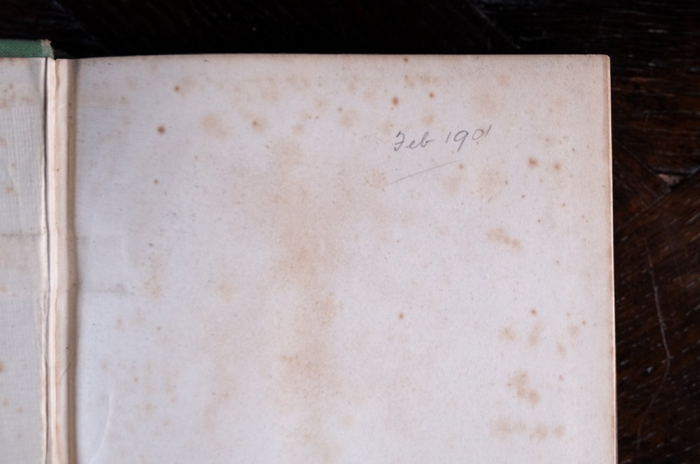 A green cloth-bound antique book standing vertically with gold embossed title lettering on the spine. View VII