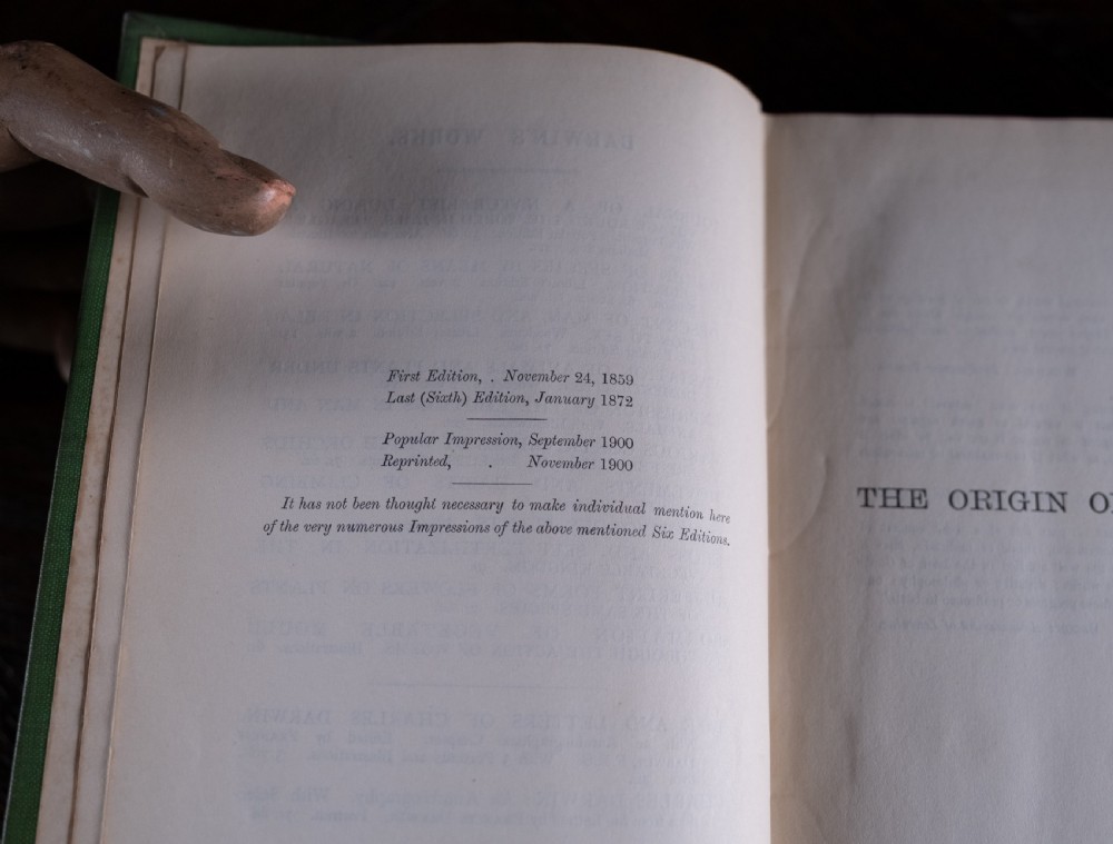 A green cloth-bound antique book standing vertically with gold embossed title lettering on the spine. View IX