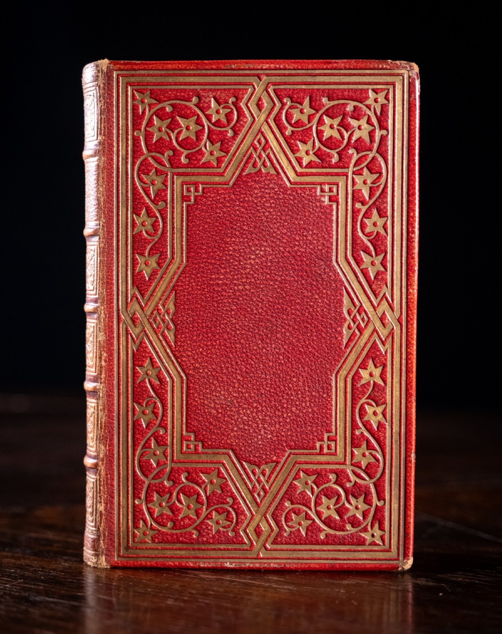 A Victorian red leather-bound book featuring detailed gold leaf tooling on the spine and covers standing upright. View III