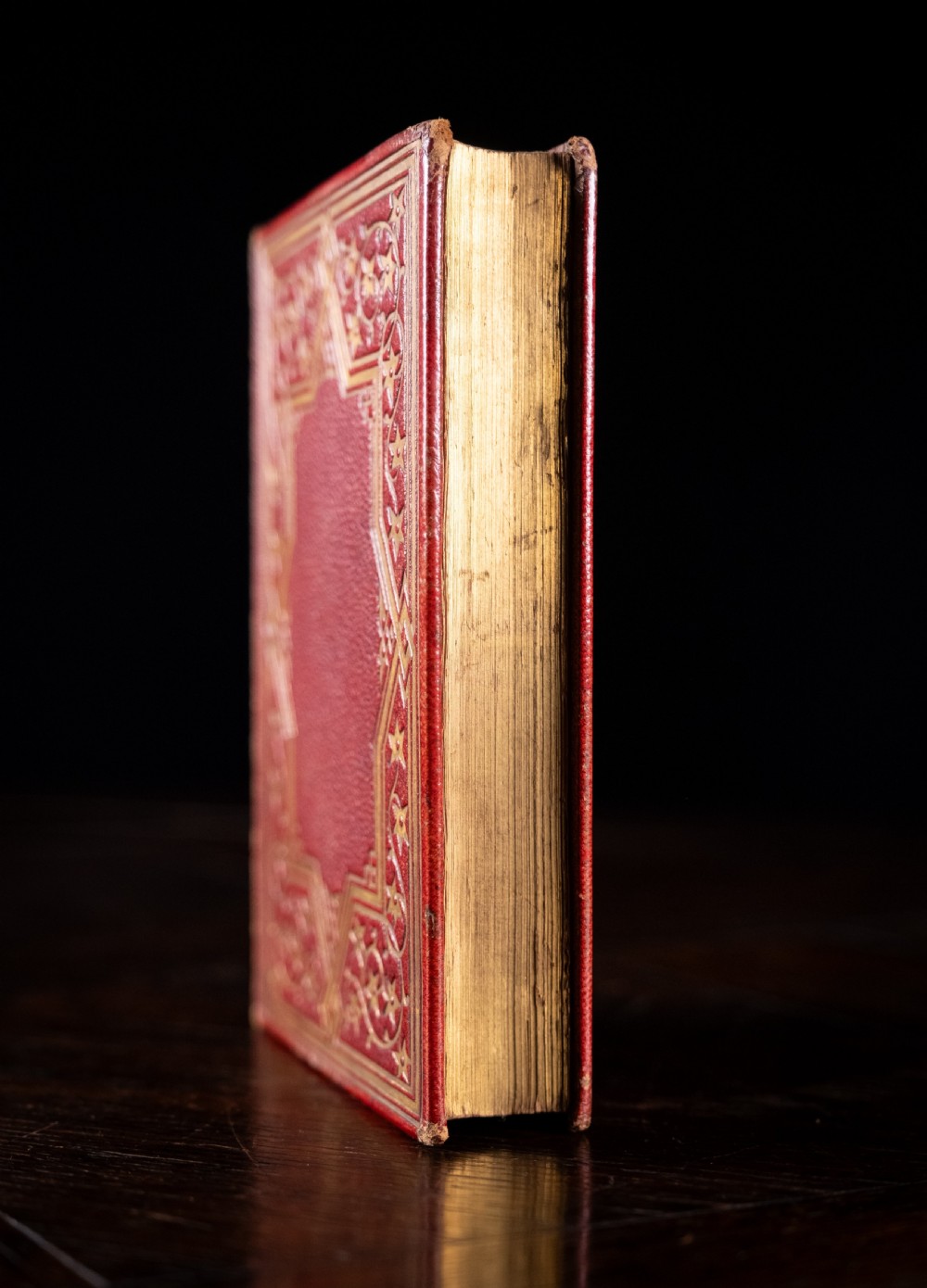 A Victorian red leather-bound book featuring detailed gold leaf tooling on the spine and covers standing upright. View V