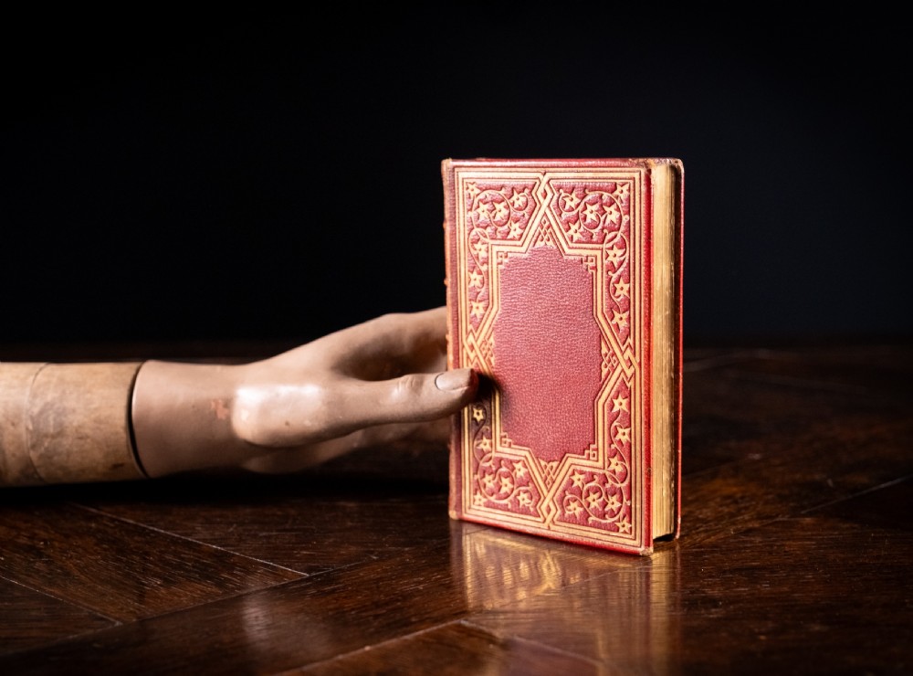 A Victorian red leather-bound book featuring detailed gold leaf tooling on the spine and covers standing upright. View XII