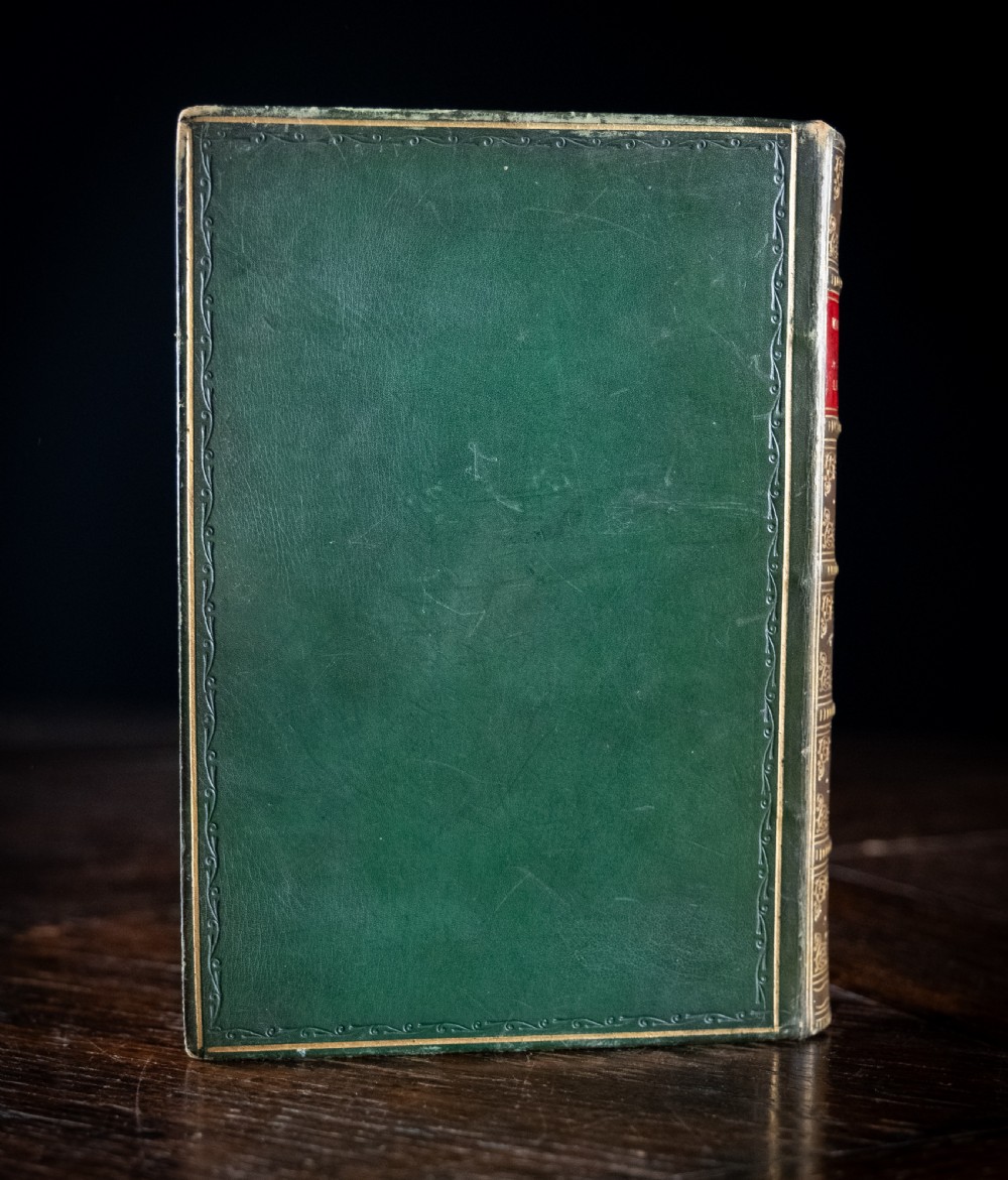 A Victorian leather-bound book standing upright, featuring green boards with a gilt crest and a brown leather spine decorated with gold tooling. View IV