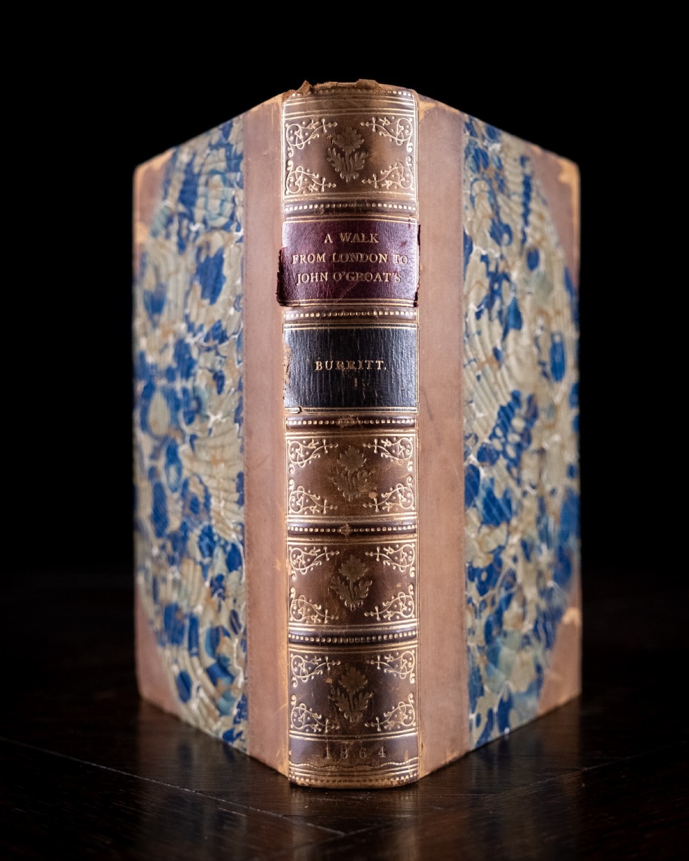 An 1864 half leather bound book featuring a brown gold-tooled spine with raised bands and blue marbled paper boards.
