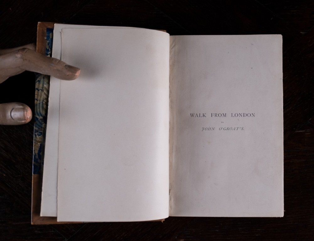 An 1864 half leather bound book featuring a brown gold-tooled spine with raised bands and blue marbled paper boards. View IV