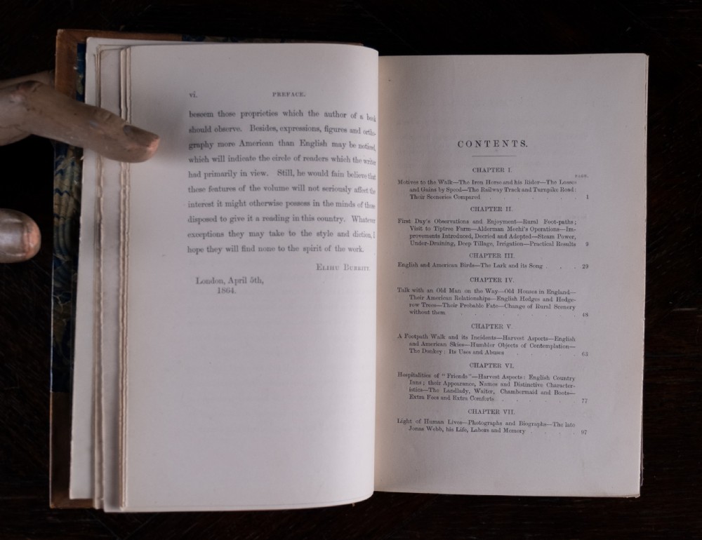 An 1864 half leather bound book featuring a brown gold-tooled spine with raised bands and blue marbled paper boards. View XII
