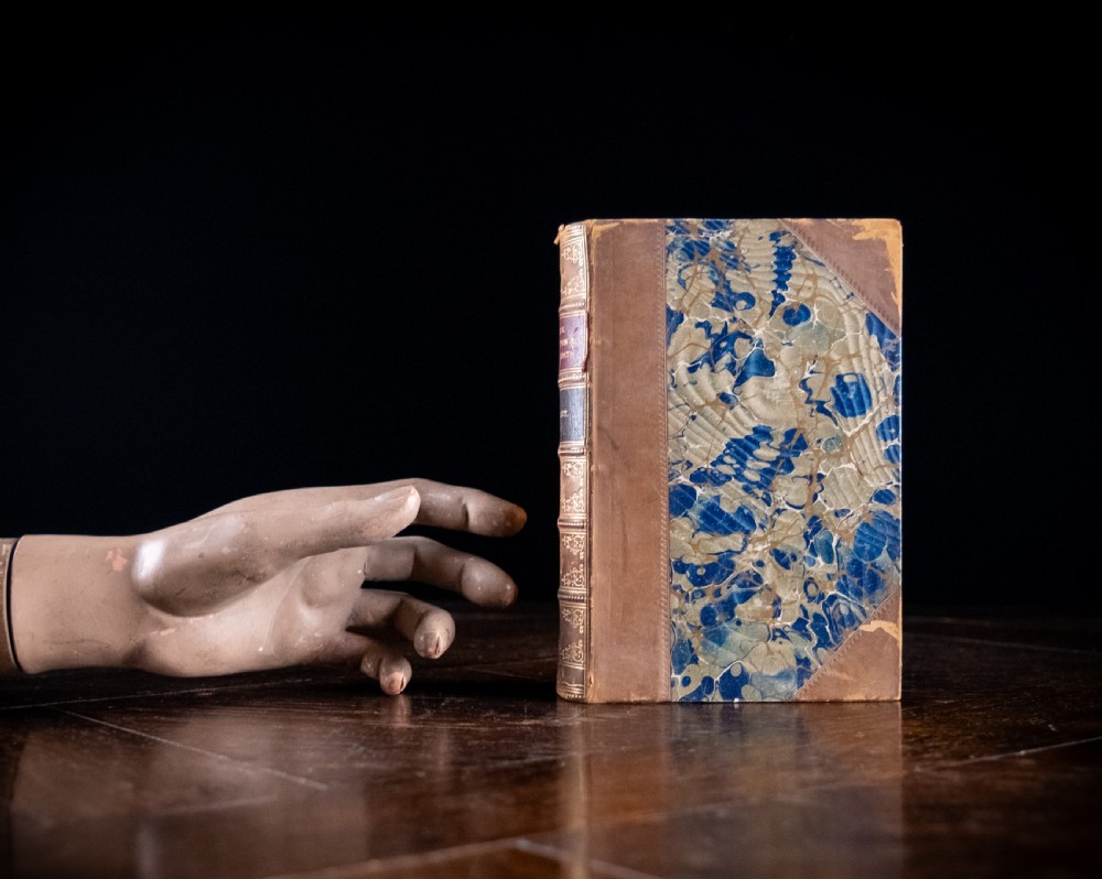 An 1864 half leather bound book featuring a brown gold-tooled spine with raised bands and blue marbled paper boards. View XVI