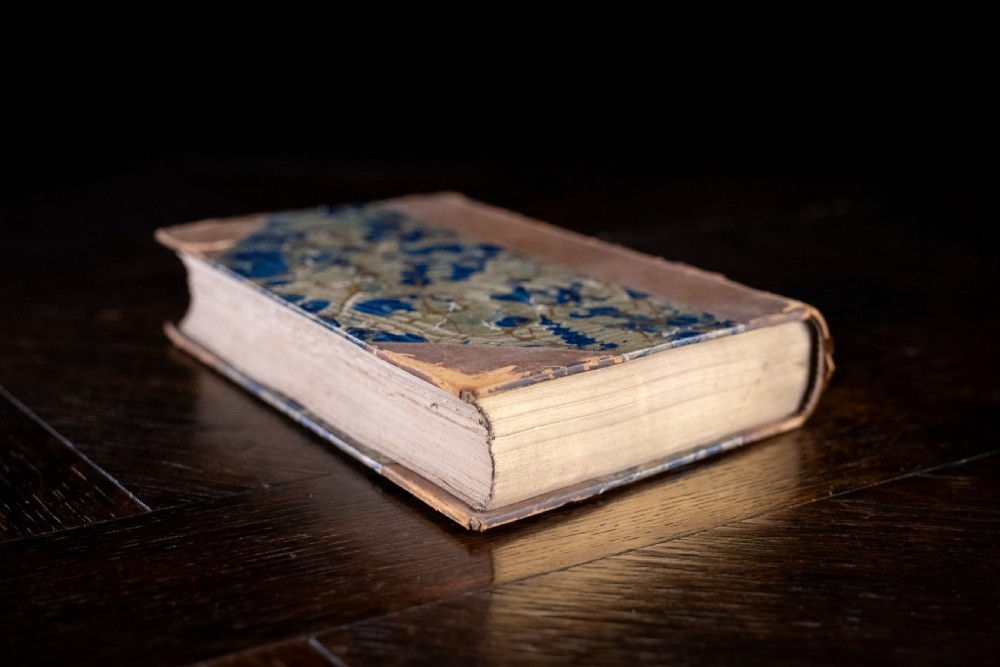 An 1864 half leather bound book featuring a brown gold-tooled spine with raised bands and blue marbled paper boards. View XVII