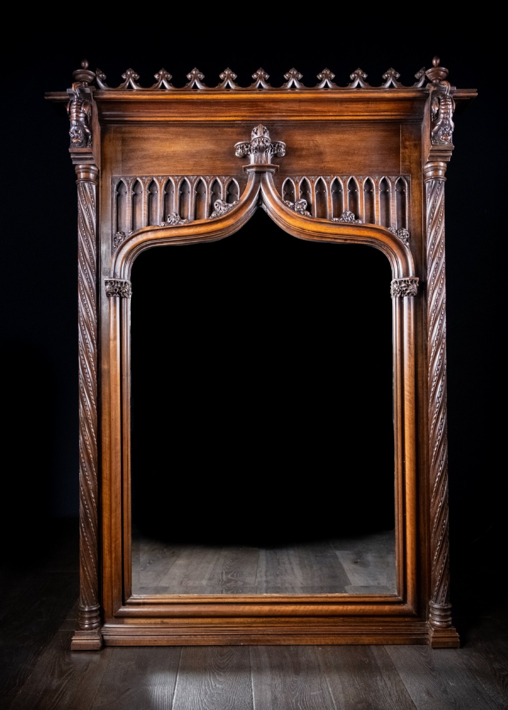 Large Gothic Walnut Overmantel Mirror, c.1880 View II