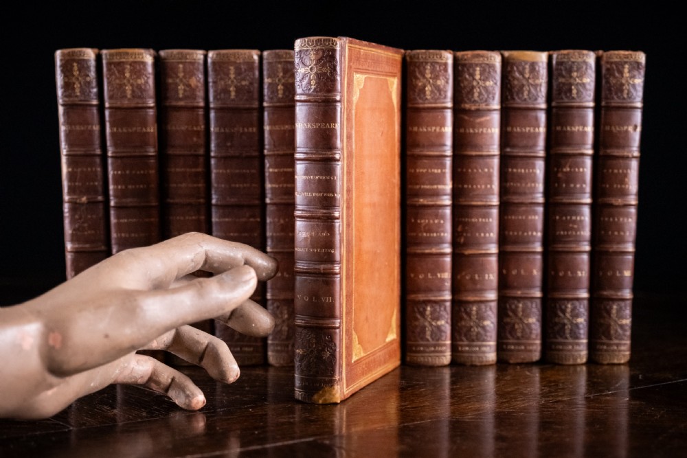 A complete twelve-volume set of brown leather-bound books printed in 1807 with gold-tooled decorative spines. View II