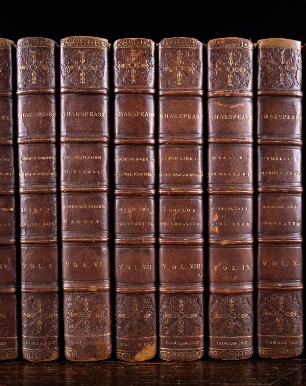 A complete twelve-volume set of brown leather-bound books printed in 1807 with gold-tooled decorative spines. View IV