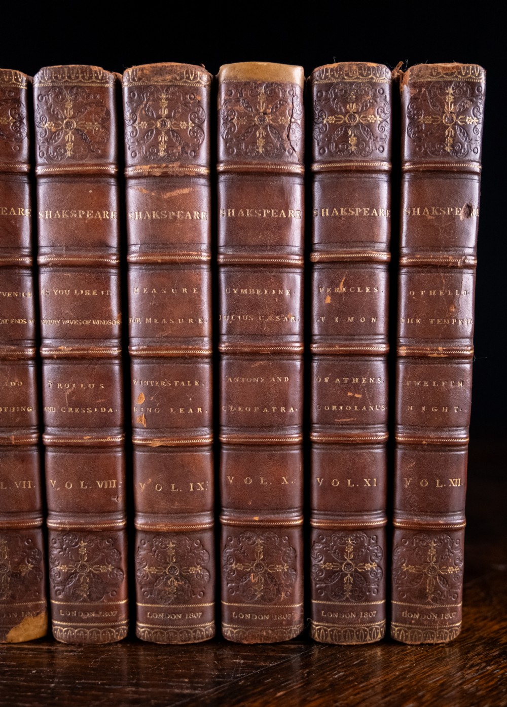 A complete twelve-volume set of brown leather-bound books printed in 1807 with gold-tooled decorative spines. View V