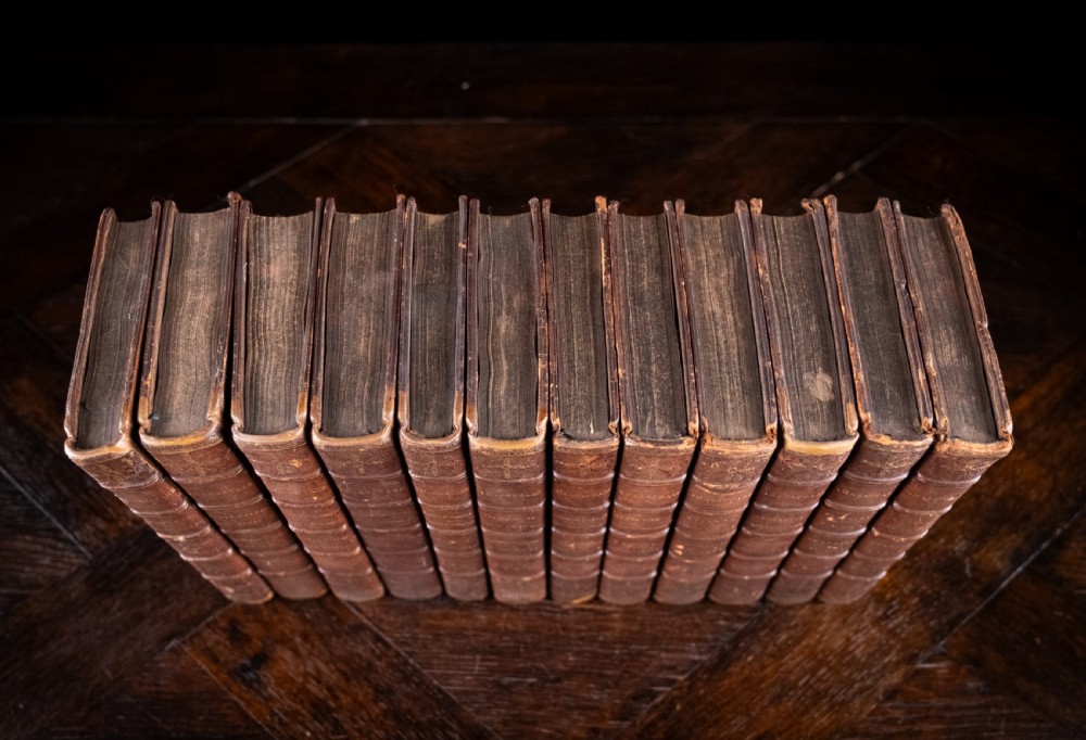 A complete twelve-volume set of brown leather-bound books printed in 1807 with gold-tooled decorative spines. View VIII