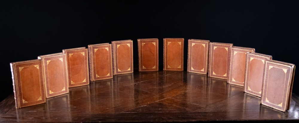 A complete twelve-volume set of brown leather-bound books printed in 1807 with gold-tooled decorative spines. View XI