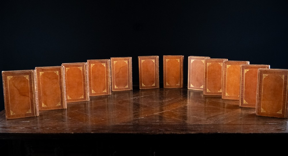A complete twelve-volume set of brown leather-bound books printed in 1807 with gold-tooled decorative spines. View XII