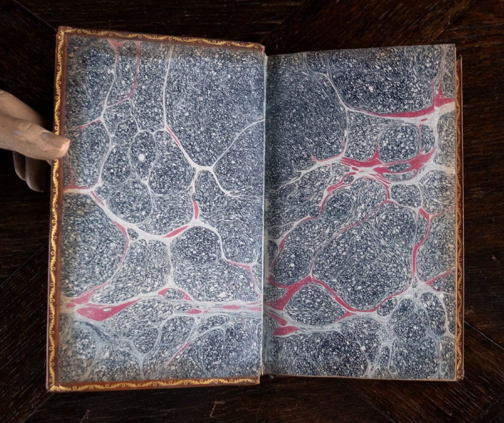 A complete twelve-volume set of brown leather-bound books printed in 1807 with gold-tooled decorative spines. View XV