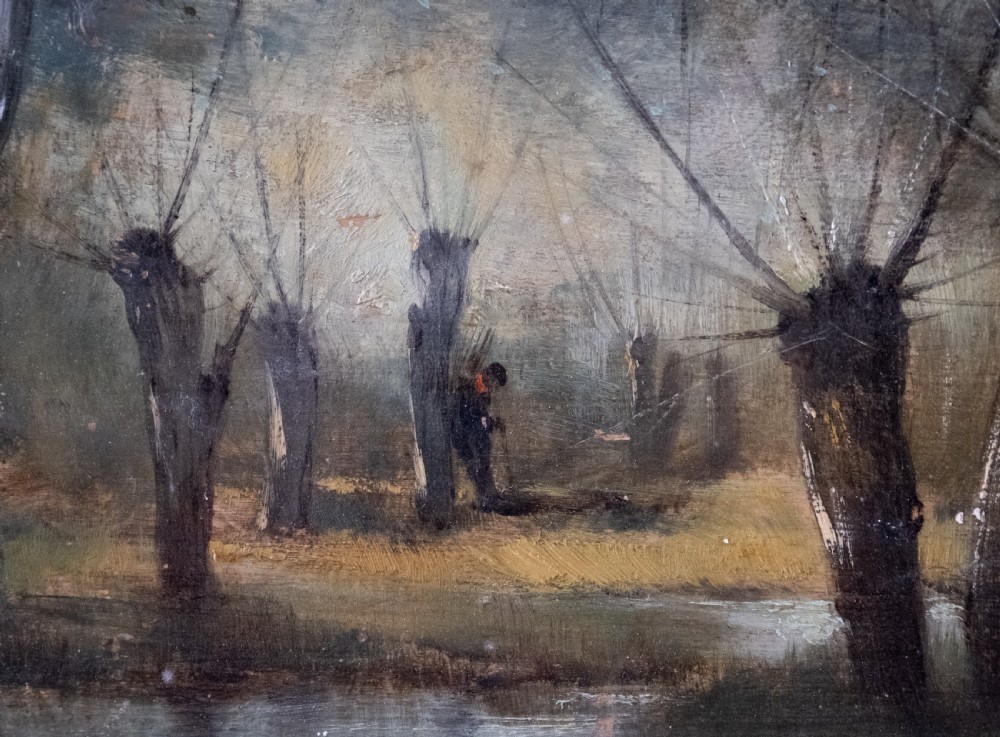 A 19th-century oil painting on board depicting a figure amidst pollarded willow trees along a riverbank in muted earth tones.