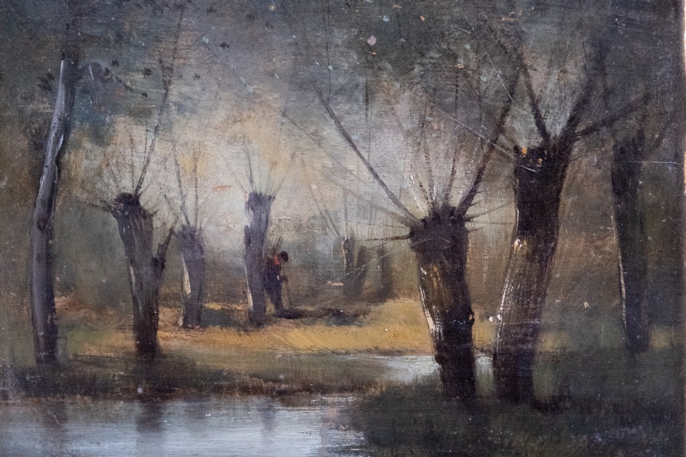 A 19th-century oil painting on board depicting a figure amidst pollarded willow trees along a riverbank in muted earth tones. View II