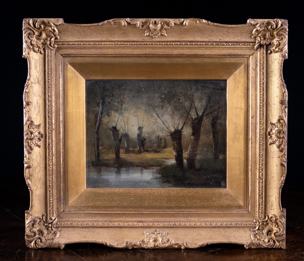 A 19th-century oil painting on board depicting a figure amidst pollarded willow trees along a riverbank in muted earth tones. View III