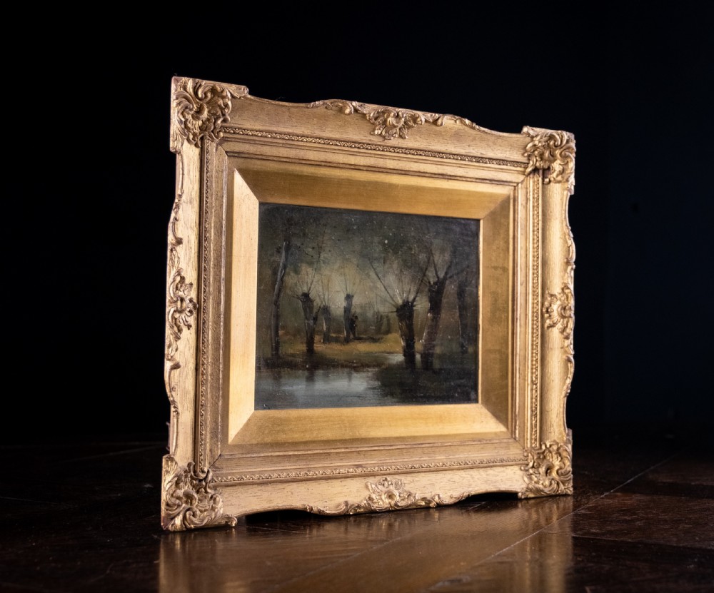 A 19th-century oil painting on board depicting a figure amidst pollarded willow trees along a riverbank in muted earth tones. View IV