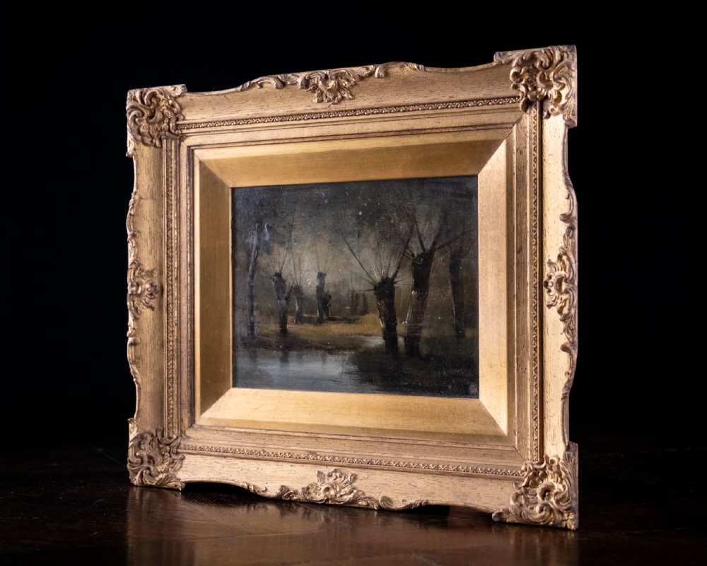 A 19th-century oil painting on board depicting a figure amidst pollarded willow trees along a riverbank in muted earth tones. View V