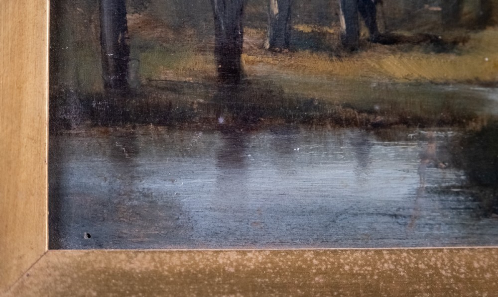 A 19th-century oil painting on board depicting a figure amidst pollarded willow trees along a riverbank in muted earth tones. View VII