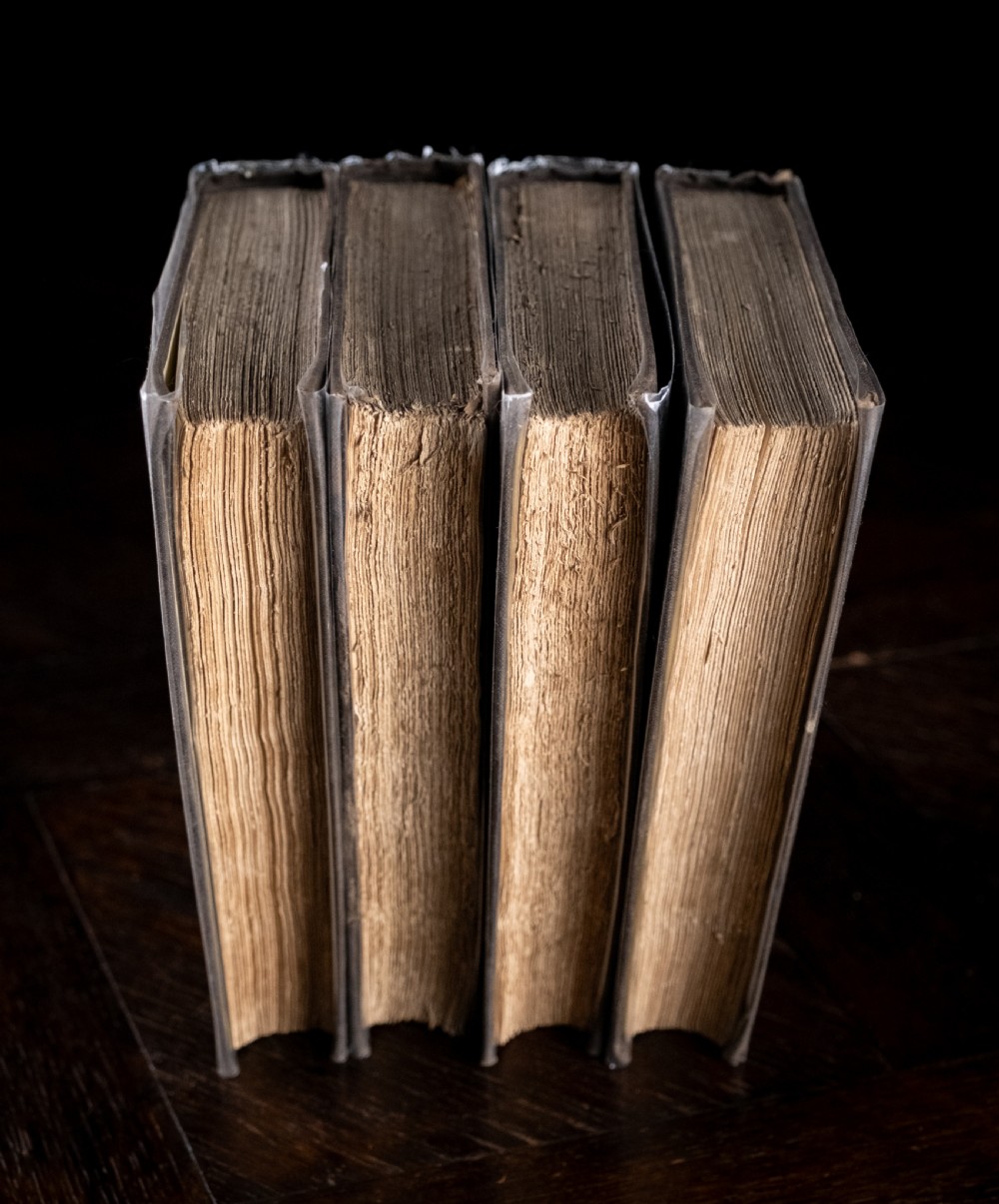 A complete four-volume set of 1846 antique books titled Browns Philosophy of the Mind with gilt lettering on dark grey spines. View XV