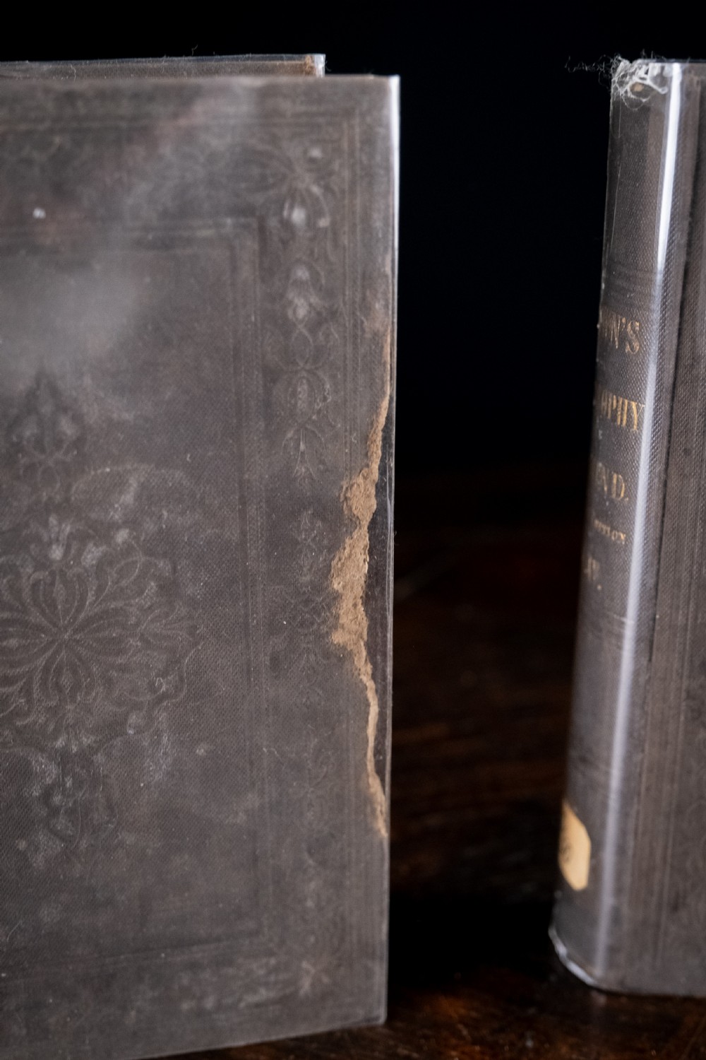 A complete four-volume set of 1846 antique books titled Browns Philosophy of the Mind with gilt lettering on dark grey spines. View XVII