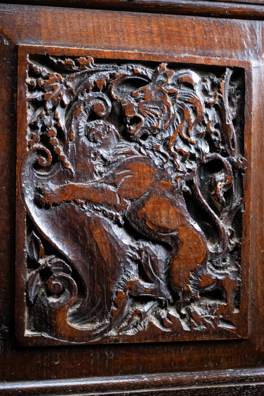 A 17th-century dark oak coffer featuring three carved panels with a central lion motif and geometric rosettes. View VI