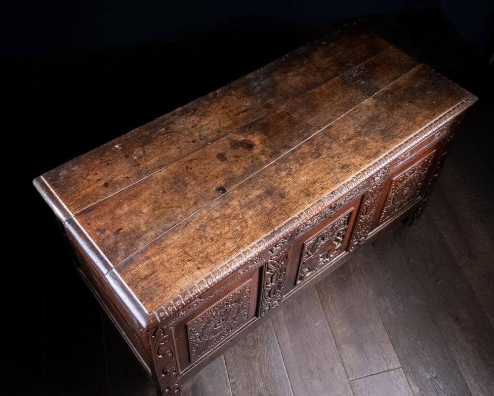 A 17th-century dark oak coffer featuring three carved panels with a central lion motif and geometric rosettes. View X