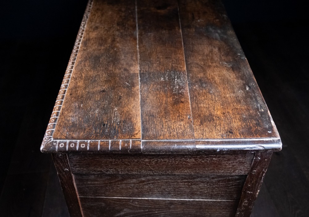 A 17th-century dark oak coffer featuring three carved panels with a central lion motif and geometric rosettes. View XIV