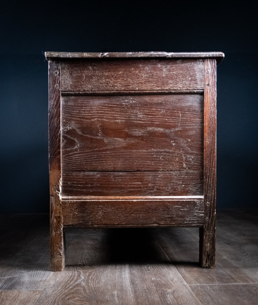A 17th-century dark oak coffer featuring three carved panels with a central lion motif and geometric rosettes. View XV