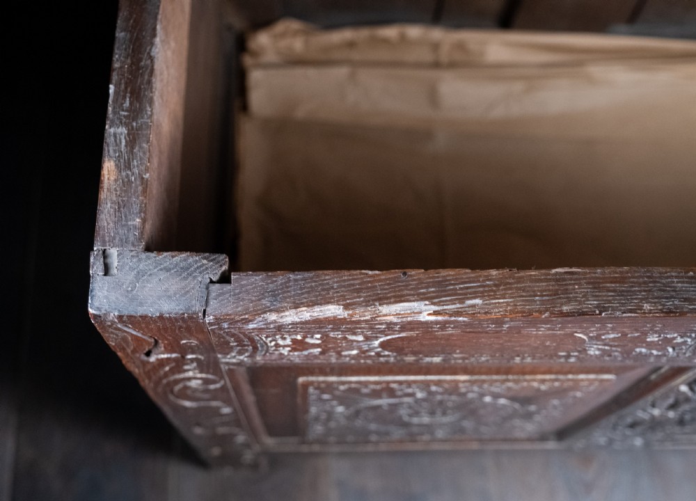 A 17th-century dark oak coffer featuring three carved panels with a central lion motif and geometric rosettes. View XVII