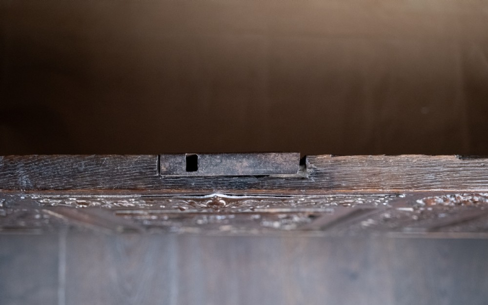 A 17th-century dark oak coffer featuring three carved panels with a central lion motif and geometric rosettes. View XVIII