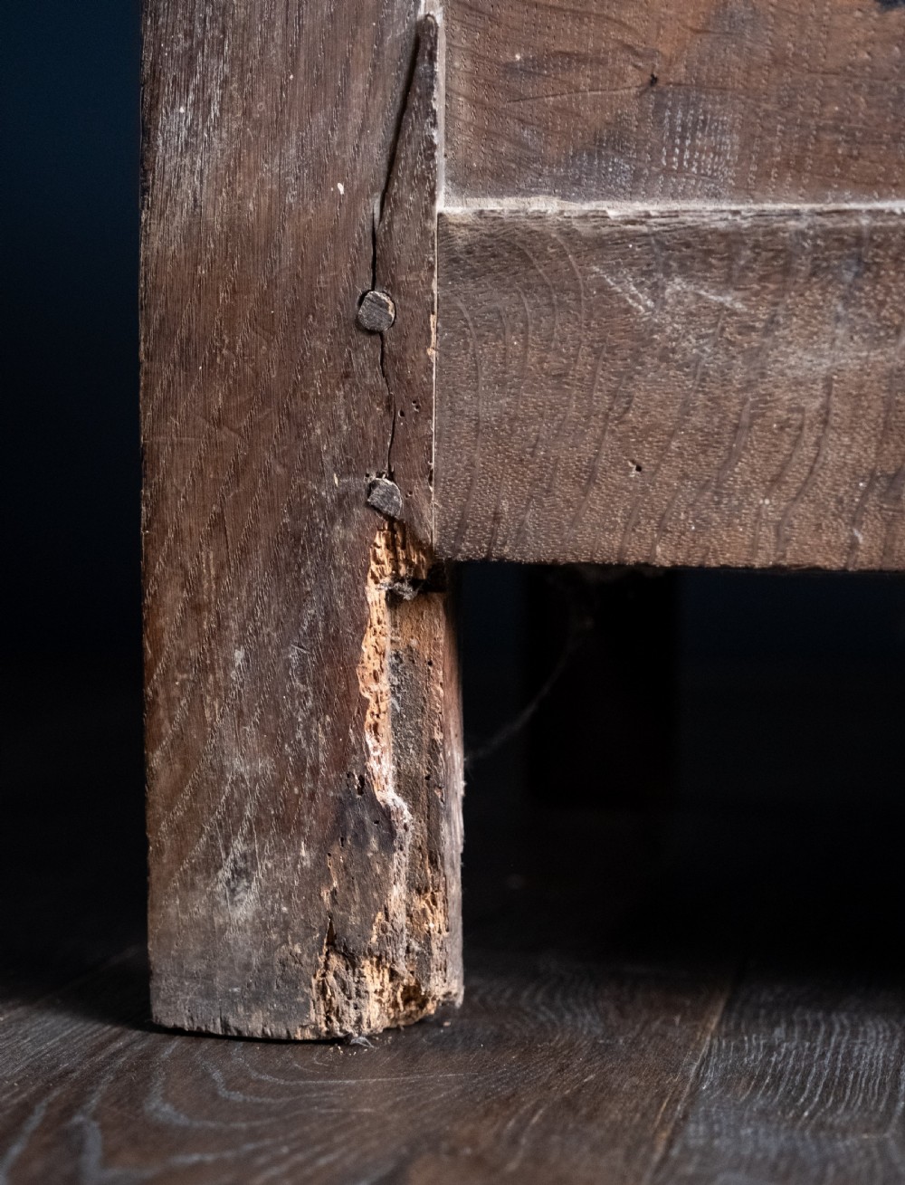 A 17th-century dark oak coffer featuring three carved panels with a central lion motif and geometric rosettes. View XXI