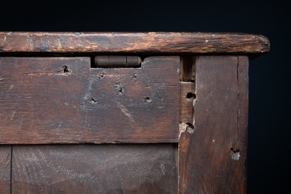 A 17th-century dark oak coffer featuring three carved panels with a central lion motif and geometric rosettes. View XXII