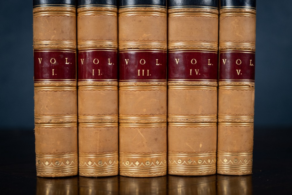A five-volume set of Victorian leather-bound books with tan calfskin spines, gilt tooling, and contrasting red and navy spine labels standing vertically. View III