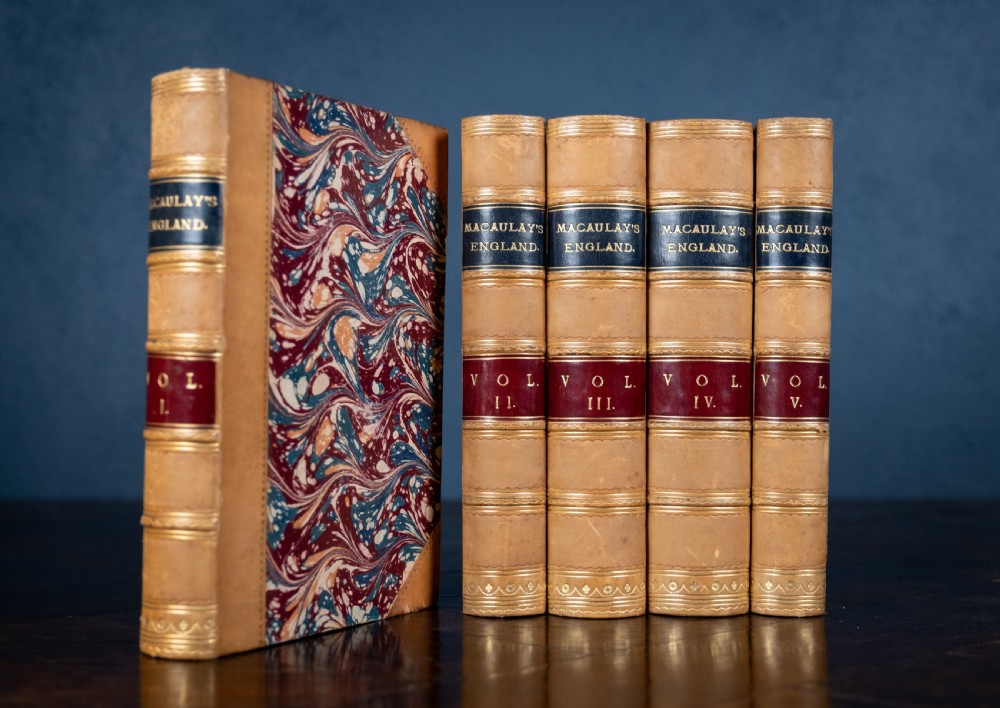 A five-volume set of Victorian leather-bound books with tan calfskin spines, gilt tooling, and contrasting red and navy spine labels standing vertically. View VII