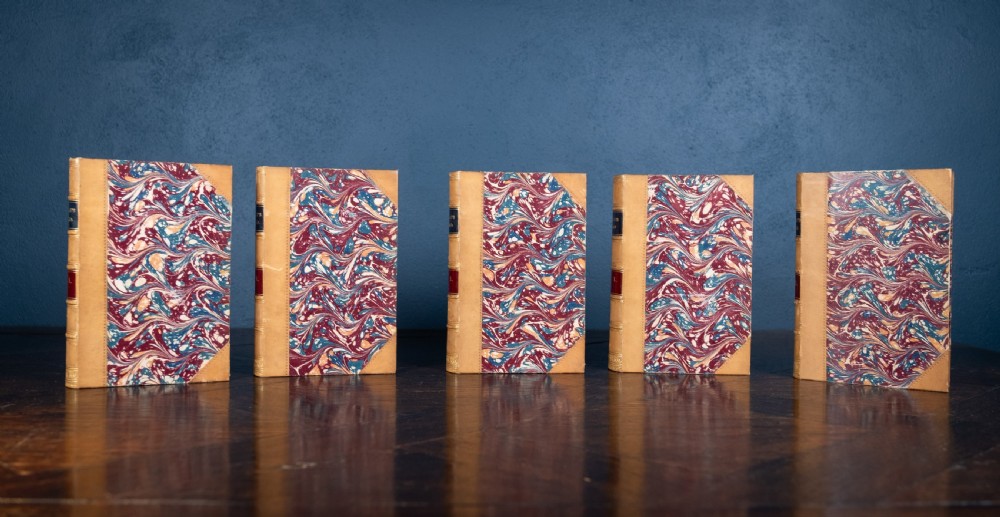 A five-volume set of Victorian leather-bound books with tan calfskin spines, gilt tooling, and contrasting red and navy spine labels standing vertically. View VIII