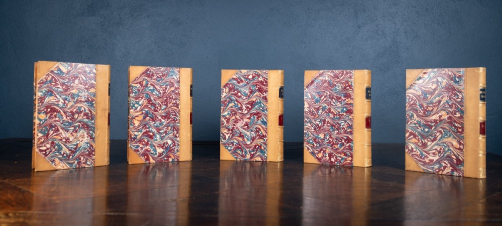A five-volume set of Victorian leather-bound books with tan calfskin spines, gilt tooling, and contrasting red and navy spine labels standing vertically. View IX