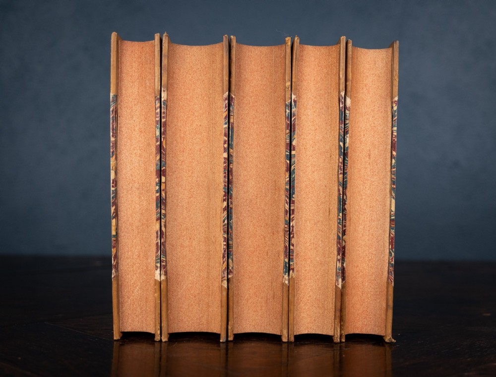 A five-volume set of Victorian leather-bound books with tan calfskin spines, gilt tooling, and contrasting red and navy spine labels standing vertically. View X