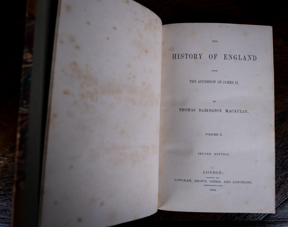 A five-volume set of Victorian leather-bound books with tan calfskin spines, gilt tooling, and contrasting red and navy spine labels standing vertically. View XV
