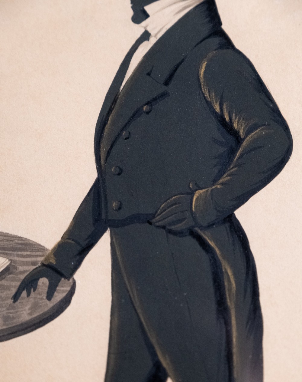 A framed full-length Regency silhouette portrait depicting a gentleman in profile standing beside a table with a draped curtain in the background. View IV