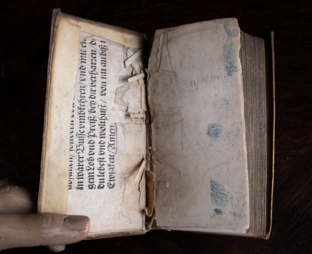 A 17th-century vellum-bound book standing upright with handwritten Latin text on the spine. View V