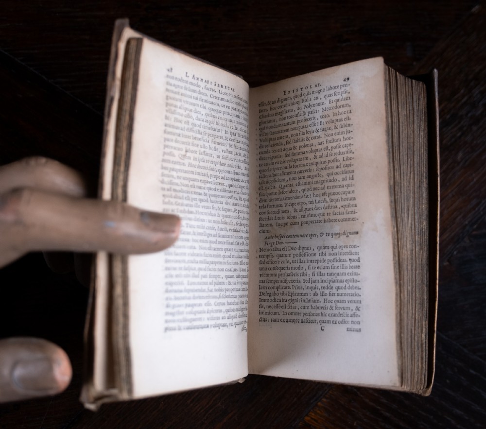 A 17th-century vellum-bound book standing upright with handwritten Latin text on the spine. View IX