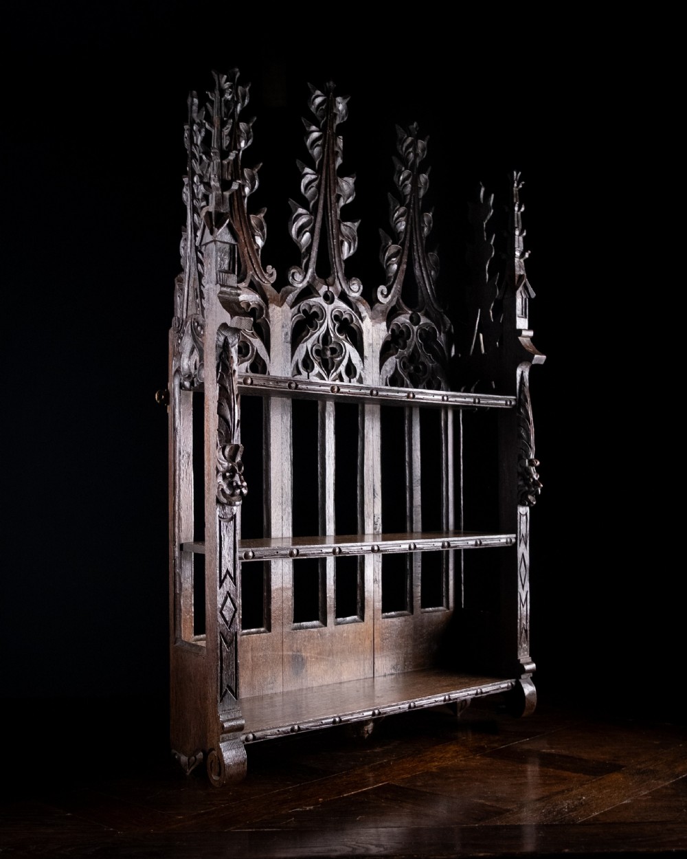 Gothic Carved Oak Hanging Shelf, c.1880