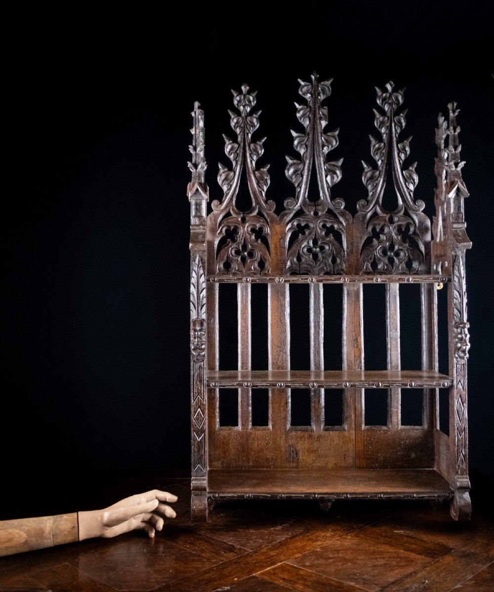 Gothic Carved Oak Hanging Shelf, c.1880 View XV