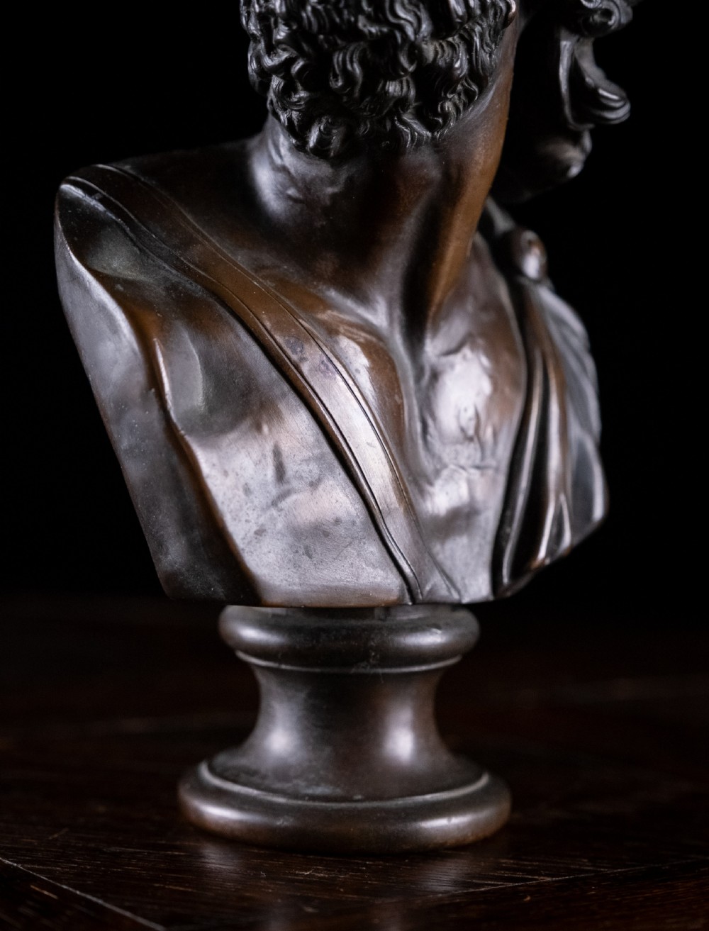 A patinated dark brown French bronze bust depicting the classical figure of Ajax wearing a detailed helmet, set upon a turned circular pedestal. View X