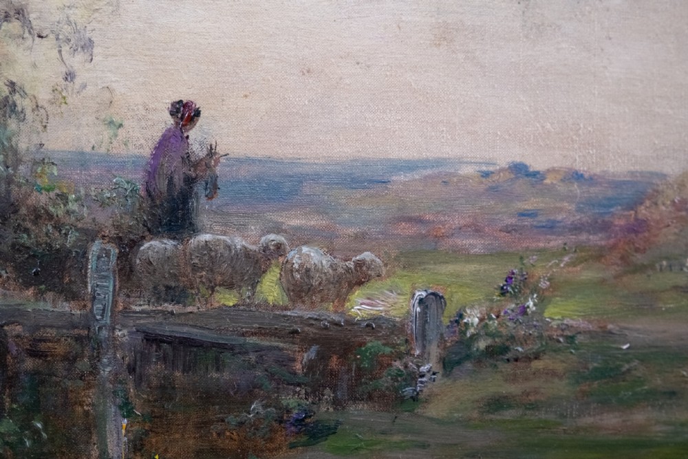 An impressionist oil painting depicting a rural countryside landscape with a large tree by a river, enclosed within an ornate gilded frame. View VI