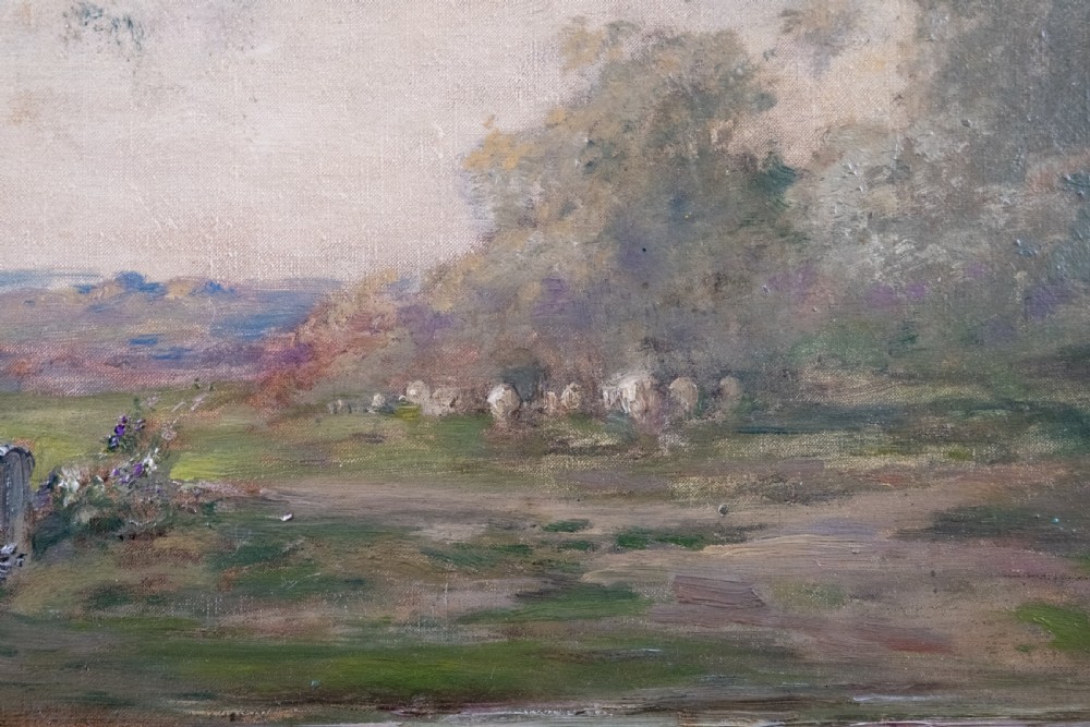 An impressionist oil painting depicting a rural countryside landscape with a large tree by a river, enclosed within an ornate gilded frame. View VII