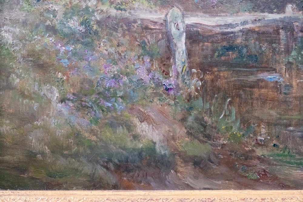 An impressionist oil painting depicting a rural countryside landscape with a large tree by a river, enclosed within an ornate gilded frame. View VIII